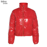 Sisterlinda Faux PU Leather Y2K Bubble Coats Puffer Winter Warm Jacket Women Long Sleeve Outerwear Zip Casual Street Slim Parkas