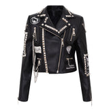 Autumn Punk Style Rivet Slim Leather Jacket Women Spring Chains and Matel Ring Black Jacket and Coat