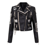Autumn Punk Style Rivet Slim Leather Jacket Women Spring Chains and Matel Ring Black Jacket and Coat