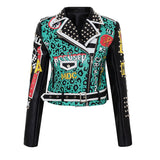 Women Colorful Graffiti Punk Style PU Leather Jacket With Belt Rivet Queen Motorcycle Coats and Jackets