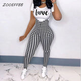 High waist Plaid Overall pants and T-shirt Set
