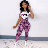 High waist Plaid Overall pants and T-shirt Set