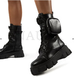 Winter Fashion Motorcycle Boots Wedges Flat Boots Woman High Heel Platform PU Leather Boots Lace Up Women Shoes Black Booties