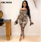 CM.YAYA Off Shoulder Long Sleeve Slim Tight Elastic Sexy Bodysuit Print Mandarin Cuff Bar Nightclub Women Jumpsuit Outfit 2021
