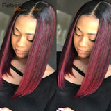 Rebecca Straight Part Lace Human Hair Wig For Women Peruvian Remy Straight Hair Middle Part Wig Ombre Burgundy Middle Length Bob