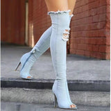 Fashion Autumn Women High Heels thigh high boots Female Shoes Hot Over The Knee Boots Peep Toe Cowboy Boots Denim shoes