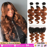 Ombre Brown Bundles With Frontal 13x4 SOKU Brazilian Body Wave Hair Bundles With Closure Non-Remy Human Hair Weave Bundles