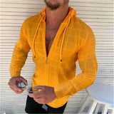 Men Hooded Grid Shirt Men's Cardigan Zipper Casual Shirt Long Sleeve Formal Dress Shirts Men Hawaii Vacation Jogging Shirt