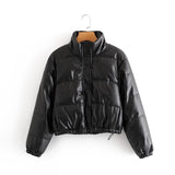 Winter Thick Warm Short Parkas Women Fashion Black PU Leather Coats Women Elegant Zipper Cotton Jackets Female Ladies