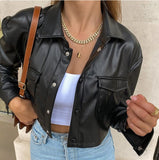 Fashion New Black PU Leather Jackets Women Coats Autumn Spring Slim Fit Long Sleeve Turn-down Collar Buttons Outerwear for Lady