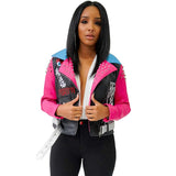 Lapel Contrast Zipper Leather Jacket