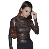 Solid Color Women Clothes Faux Leather Jacket Long Sleeve Zipper Fitted Short Jacket Autumn Winter Motorcycle Streetwear Coat