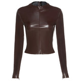 Solid Color Women Clothes Faux Leather Jacket Long Sleeve Zipper Fitted Short Jacket Autumn Winter Motorcycle Streetwear Coat