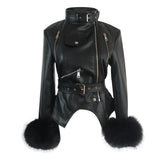 real leather jacket New women s winter stand collar versatile slim fit wool Sleeve Black plush fur short for women