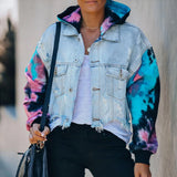 Women Fashion Long Sleeve Pockets Tie Dye Ripped Denim Jacket Streetwear Coat Women Jackets Autumn Jacket Leather Biker Coats