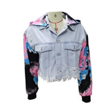 Women Fashion Long Sleeve Pockets Tie Dye Ripped Denim Jacket Streetwear Coat Women Jackets Autumn Jacket Leather Biker Coats