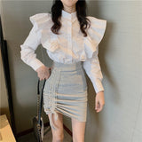 Fashion Two Piece Dress Sets Women Stand Collar Ruffled White Shirts&Mini Pencil Skirt Sets 2pc Outfits Sexy Chic Dress Suits