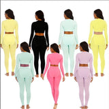 Women Long Sleeve V-Neck Crop Top Pants Sweatsuit Jogger Suits Winter 2PC Sets Pajamas Tracksuit Casual solid Butt  Sportswear