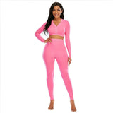 Women Long Sleeve V-Neck Crop Top Pants Sweatsuit Jogger Suits Winter 2PC Sets Pajamas Tracksuit Casual solid Butt  Sportswear