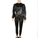 Two Piece Set Hooded Tracksuit Faux Pu Leather Suit Jogger Pants Women Crop Top Female 2 Piece Set Lounge Wear Outfit Streetwear