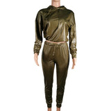 Two Piece Set Hooded Tracksuit Faux Pu Leather Suit Jogger Pants Women Crop Top Female 2 Piece Set Lounge Wear Outfit Streetwear