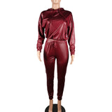 Two Piece Set Hooded Tracksuit Faux Pu Leather Suit Jogger Pants Women Crop Top Female 2 Piece Set Lounge Wear Outfit Streetwear