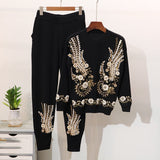 TWO PIECE SET Pearl Beaded Women Knitted Tracksuit Embroidery Sweater Sequin 2 Piece Set Jogger Pants Top Suit Korean Clothing