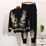 TWO PIECE SET Pearl Beaded Women Knitted Tracksuit Embroidery Sweater Sequin 2 Piece Set Jogger Pants Top Suit Korean Clothing