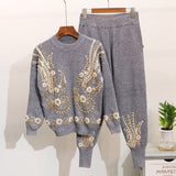 TWO PIECE SET Pearl Beaded Women Knitted Tracksuit Embroidery Sweater Sequin 2 Piece Set Jogger Pants Top Suit Korean Clothing