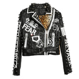 TREND-Setter 2017 Autumn Fashion Rivet Leather Jacket For Women Punk Style Leopard Letters Printing Rock Motorcycle Streetwear