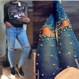 Women Fashion Destroyed Hole Ripped Blue Jeans Pearled Slim Denim Pants Boyfriend Jeans 2018 New  Ladies Daily Casual Trousers
