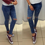 Women Fashion Destroyed Hole Ripped Blue Jeans Pearled Slim Denim Pants Boyfriend Jeans 2018 New  Ladies Daily Casual Trousers