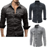 Fashion Men's Casual Long Sleeve Bodycon Wash Vintage Slim Fit Denim Jeans Blouse Shirts Tops Man Streetwear Outfits Clothes