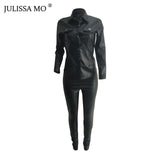 JULISSA MO 2 Piece Set PU Leather Tracksuit Women Overalls Long Sleeve T-Shirt+High Waist Pants Casual Button Jumpsuit Outfits