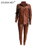 JULISSA MO 2 Piece Set PU Leather Tracksuit Women Overalls Long Sleeve T-Shirt+High Waist Pants Casual Button Jumpsuit Outfits
