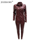 JULISSA MO 2 Piece Set PU Leather Tracksuit Women Overalls Long Sleeve T-Shirt+High Waist Pants Casual Button Jumpsuit Outfits