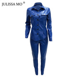 JULISSA MO 2 Piece Set PU Leather Tracksuit Women Overalls Long Sleeve T-Shirt+High Waist Pants Casual Button Jumpsuit Outfits