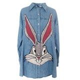 Harajuku Casual Loose Designer Embroidered Beading Diamond Letter Rabbit Denim Blue Jeans Shirt Top Boyfriend Cowboy Lady Blouse